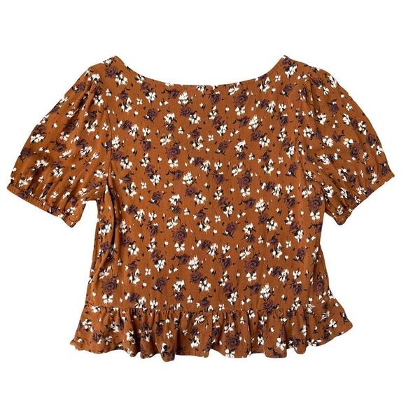 Abound Floral Peplum Brown White High Low Hem Short Sleeve Top – Size Small - Picture 5 of 9